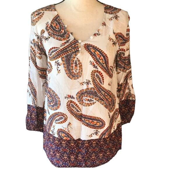 Lucky Brand Paisley Blouse Print Long Sleeve Boho Natural Multi Womens SZ Small - Picture 1 of 8